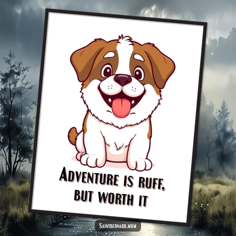 Funny Free Printable Wall Art: Saint Bernard dog with a panting, happy face, poised for an exciting adventure, perfect for canine art enthusiasts.