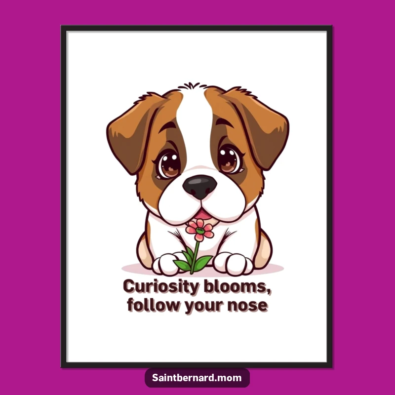 Free Printable Wall Art: Curious Kawaii Saint Bernard Flower Downloadable Art