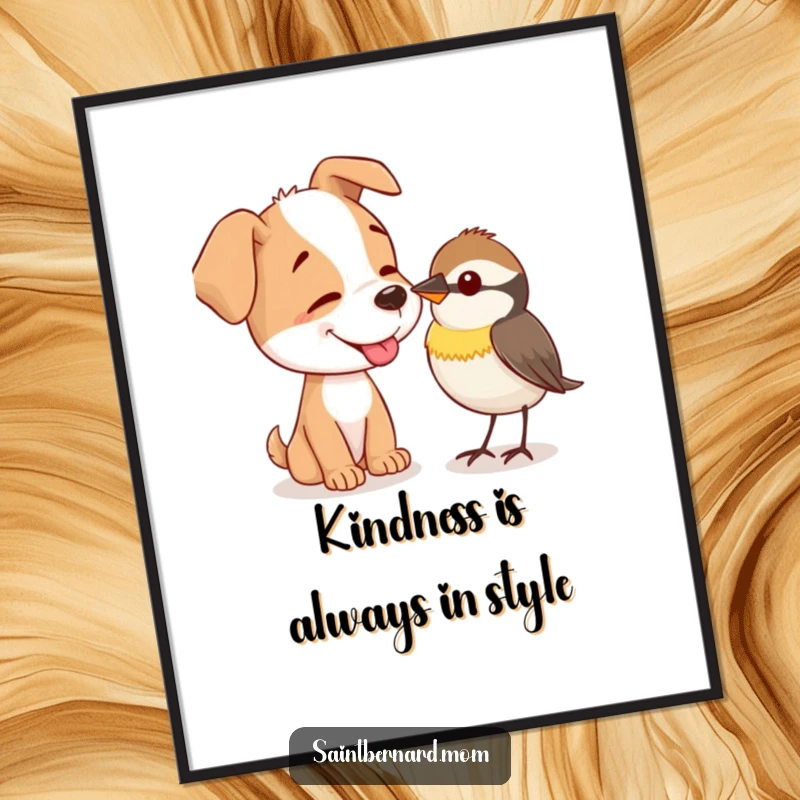 Funny Free Printable Wall Art: A large dog tenderly licks a tiny, curious bird, showcasing interspecies friendship.