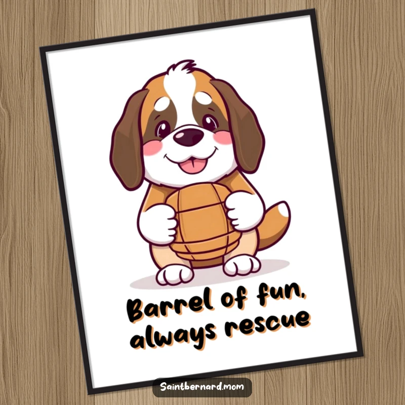 Funny Free Printable Wall Art of a Kawaii Saint Bernard with a benevolent smile, holding a small barrel, radiating warmth and happiness.