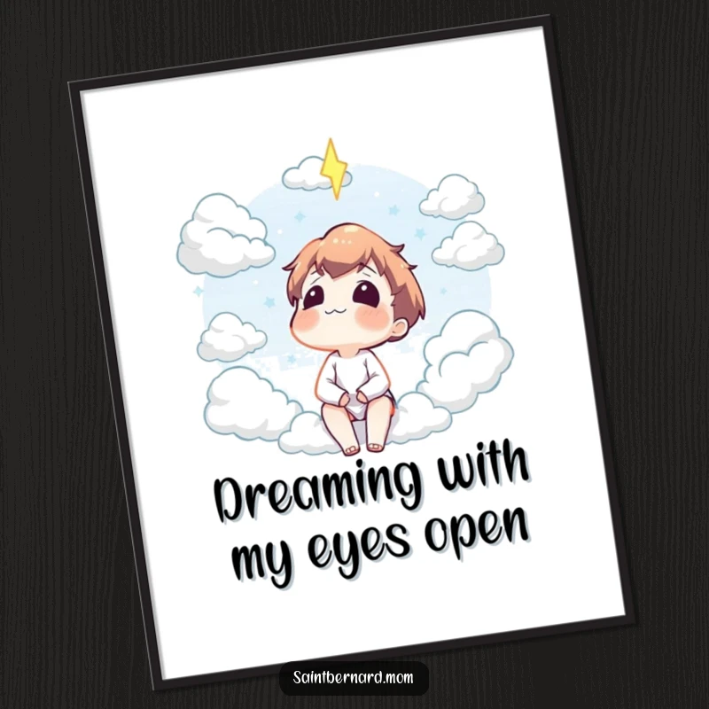 Funny Free Printable Wall Art: A character's peaceful expression as they look up at fluffy clouds, bringing calm humor.