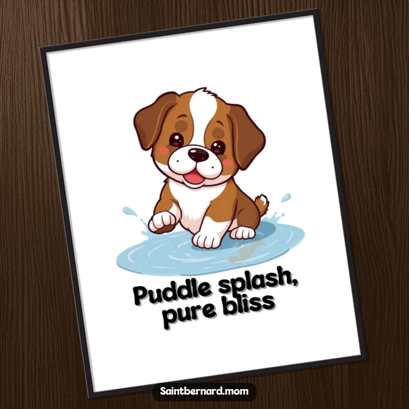 Free Printable Wall Art, a cute Kawaii Saint Bernard joyfully splashing in a small puddle with water flying.