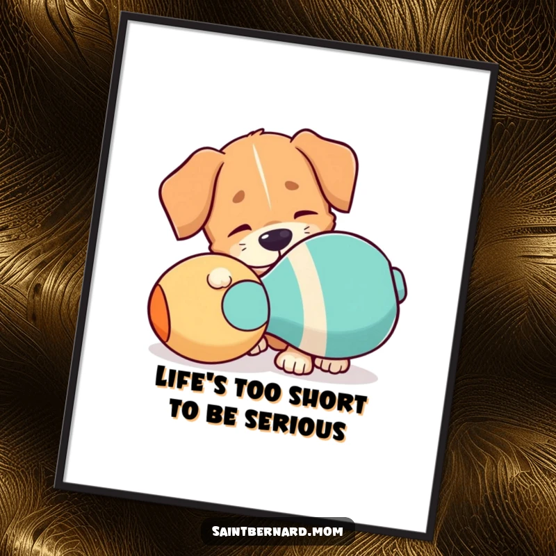 Funny Free Printable Wall Art: A dog with a prominent floppy ear playfully nudges a comically oversized squeaky toy.