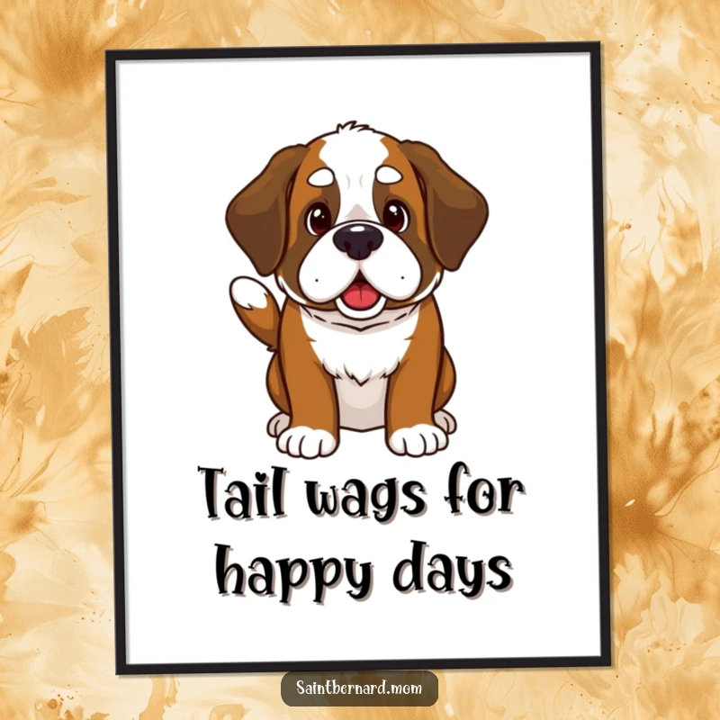 Free Printable Wall Art, cute Kawaii Saint Bernard dog with a huge smile, invitingly wagging its thick tail.