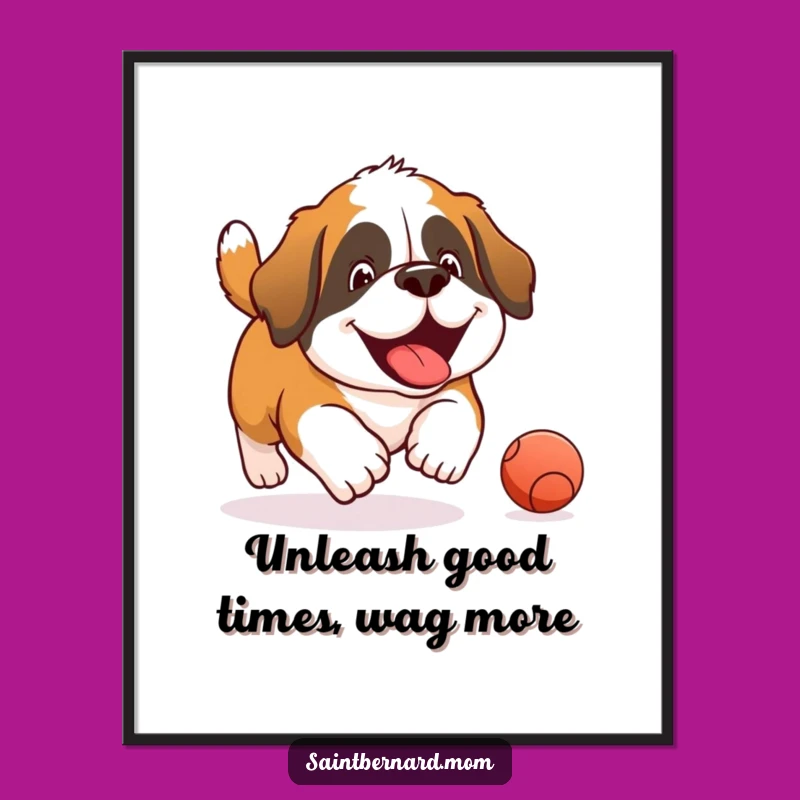 Free Printable Wall Art: Joyful Saint Bernard Ball Chase - Humorous Dog Art Download
