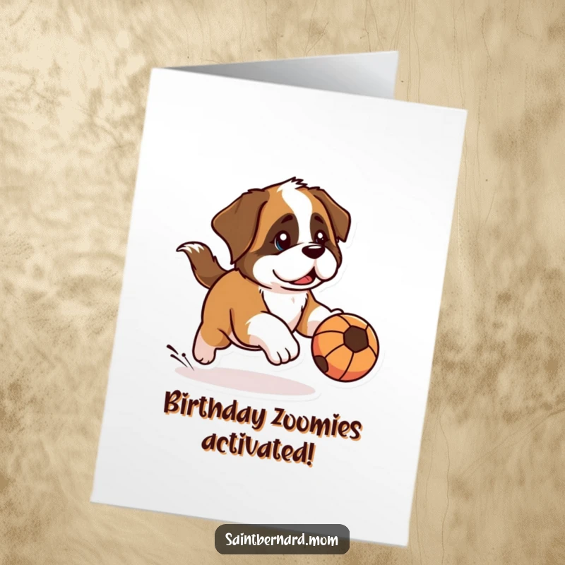 Free Printable Birthday Card: Kawaii Saint Bernard with a determined look, joyfully chasing a rolling ball.