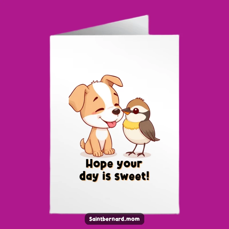 Free Printable Birthday Card: Dog Licking Bird, Gentle Friend Wishes Downloadable