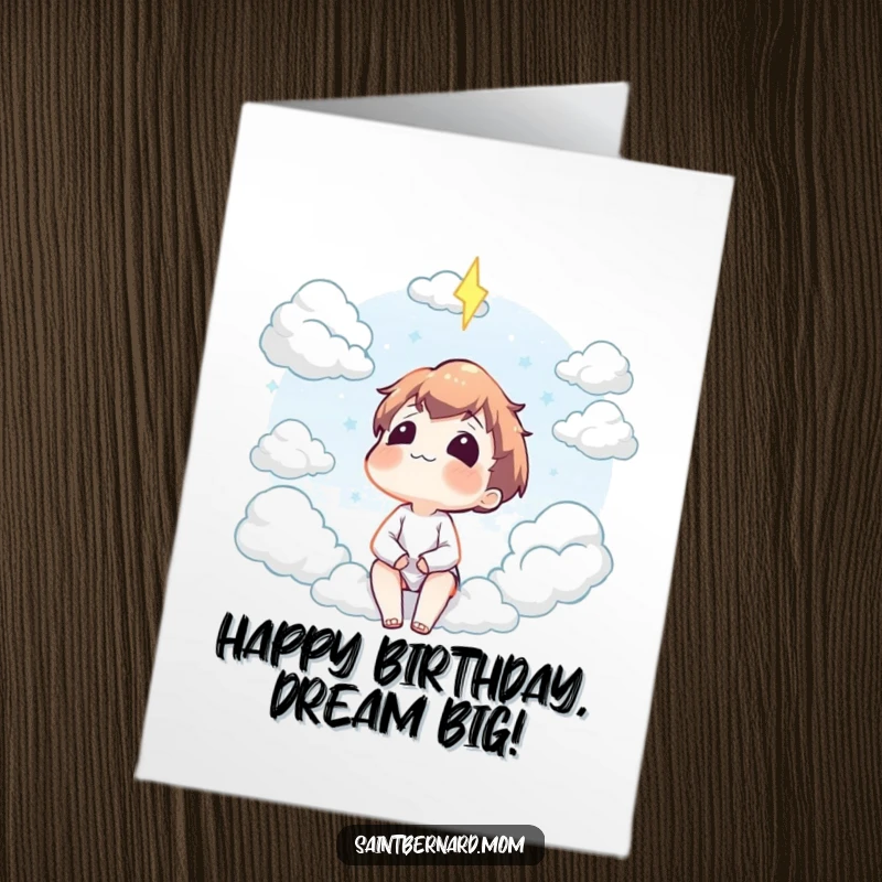 Funny Free Printable Birthday Card: A character gazes contentedly at fluffy clouds, perfect for a peaceful downloadable greeting.