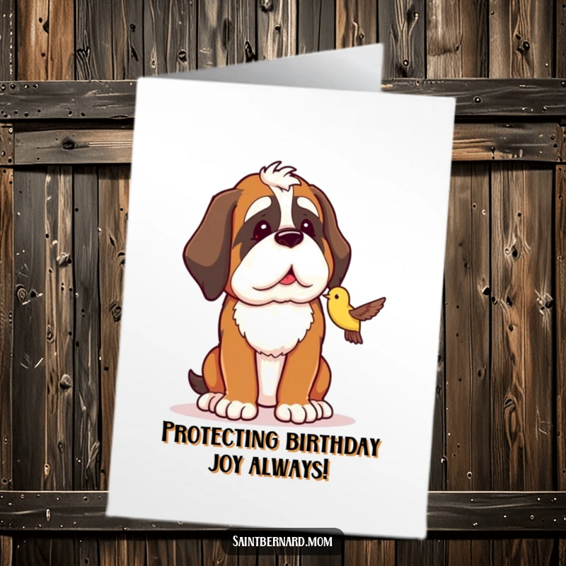 Funny Free Printable Birthday Card: Protective Saint Bernard gazing lovingly at a tiny bird, wishing happy birthday.