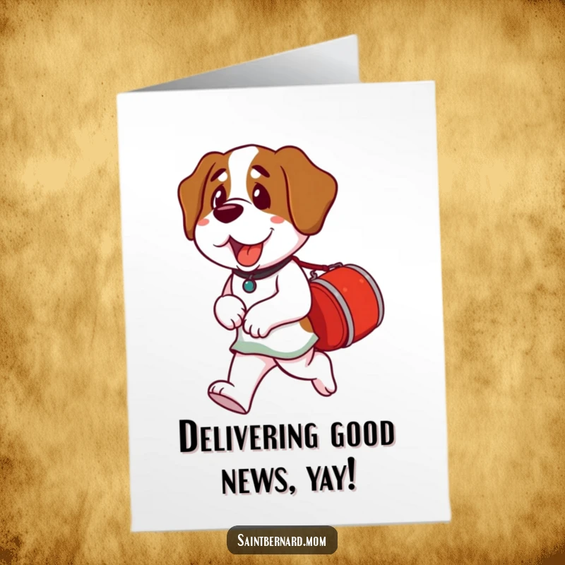 Funny Free Printable Congrats Card: A Saint Bernard dog proudly carrying a small red barrel, celebrating success.