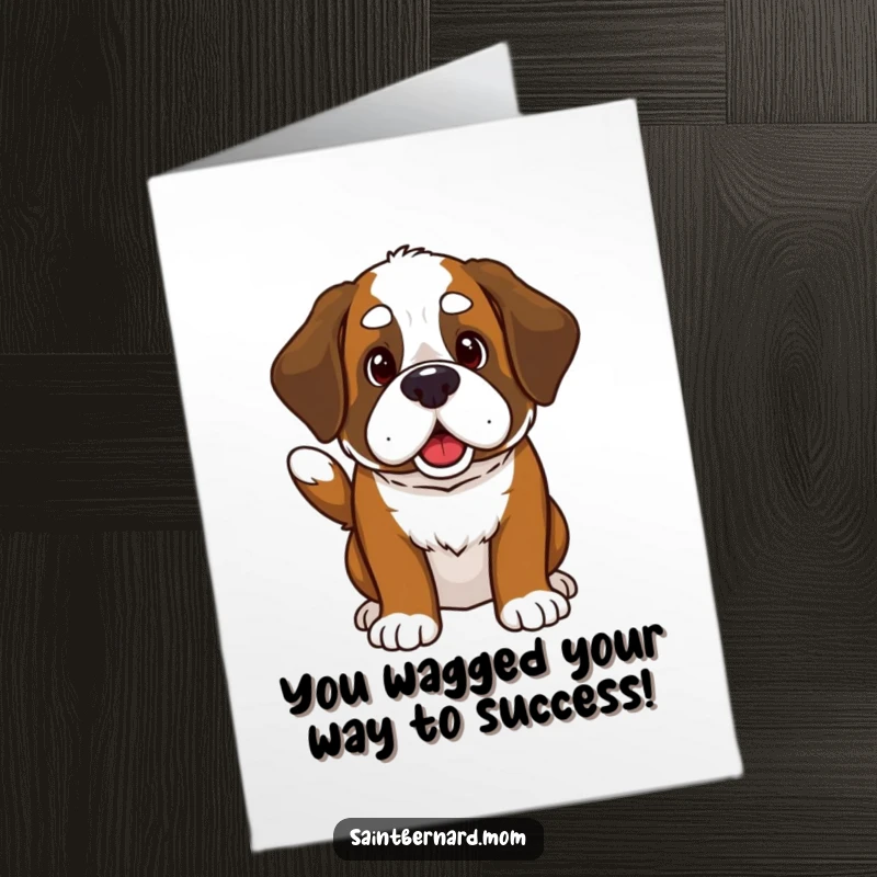 Free Printable Congratulations Card featuring a cheerful Kawaii Saint Bernard dog joyfully wagging its thick tail in celebration.