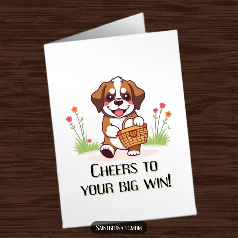 Funny Free Printable Congratulations Card: Kawaii Saint Bernard grins widely while carrying a tiny picnic basket.