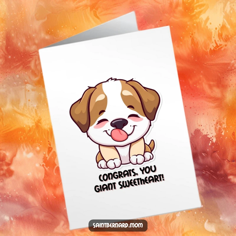 Funny Free Printable Saint Bernard Congratulations Card featuring a happy dog offering a large, comforting lick to celebrate.
