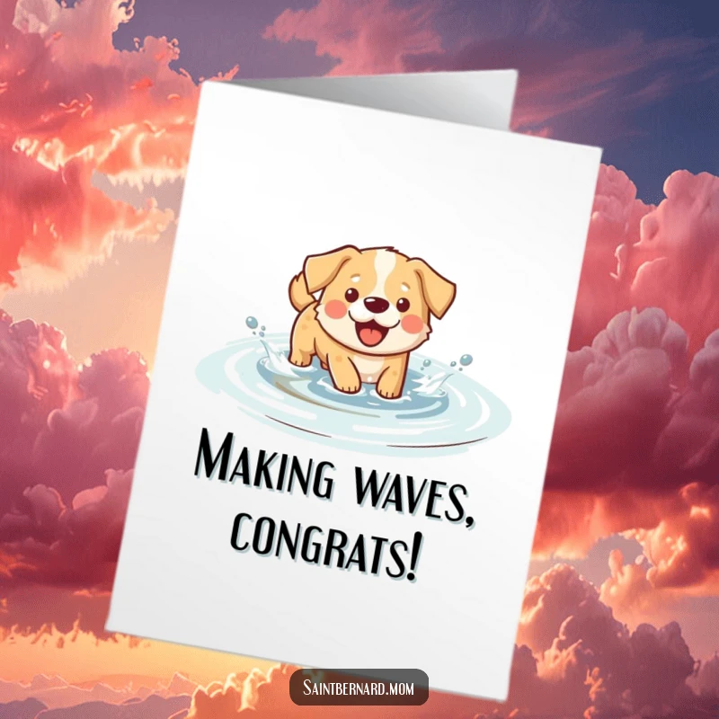 Funny Free Printable Congratulations Card: A dog happily splashes through water, celebrating achievements with playful exuberance.