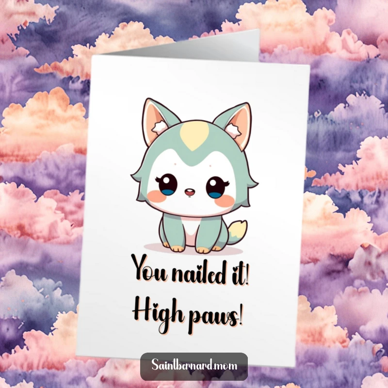 Funny free printable congratulations card of a happy dog with a gentle wag, looking alert and friendly, celebrating success.