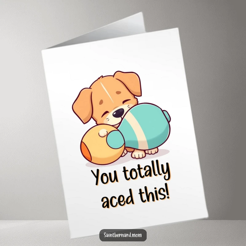 Funny Free Printable Congratulations Card: A dog with a charming floppy ear nudges a giant squeaky toy in celebration.