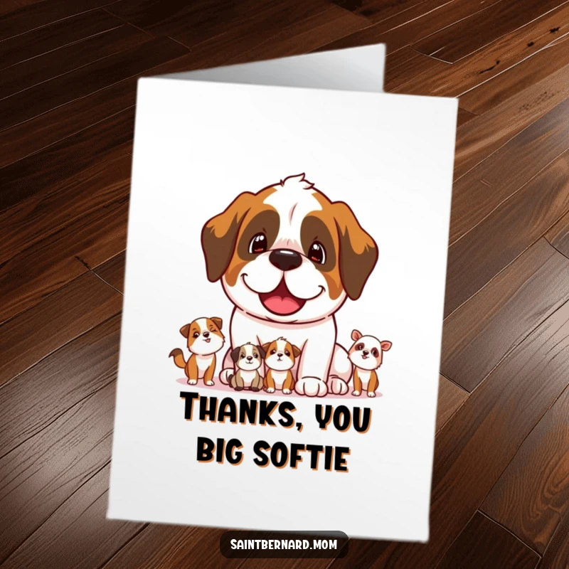 Funny Free Printable Saint Bernard Thank You Card with a protective dog looking lovingly at small animals, conveying thanks.