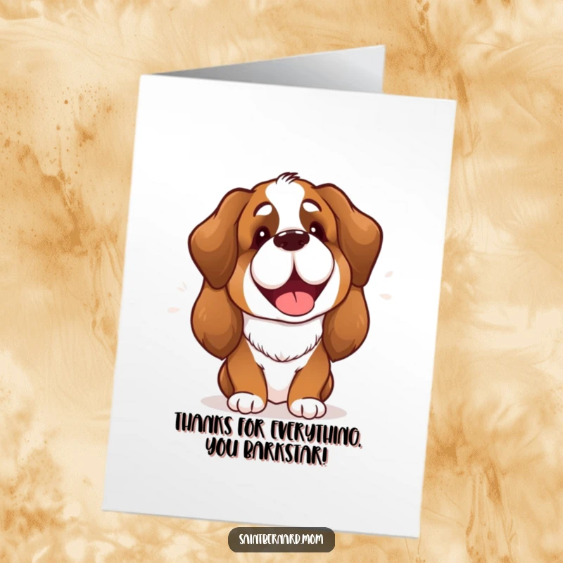 Funny Free Printable Thank You Card: A happy Saint Bernard dog cheerfully barking its thanks, a delightful gesture.