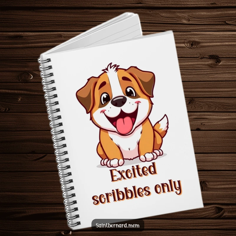 Funny Saint Bernard dog character with a happy, excited panting expression on the cover of a notebook.