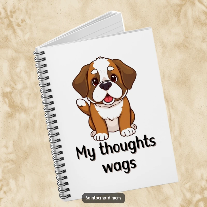 Funny Kawaii Saint Bernard notebook featuring a cute dog invitingly wagging its thick tail, ideal for notes and journaling with a touch of humor.