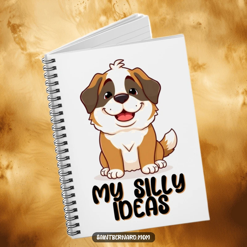 Funny Saint Bernard Lady Notebook depicting a dog with a goofy grin and wagging tail, perfect for jotting down happy thoughts.