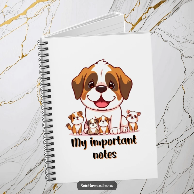 Funny Saint Bernard dog character protectively watching smaller animals on the cover of a notebook.