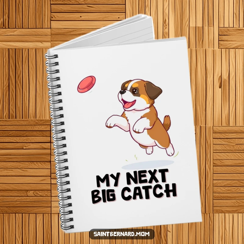 Funny Saint Bernard puppy notebook cover with a dog jumping to catch a frisbee, capturing action and joyful spirit.