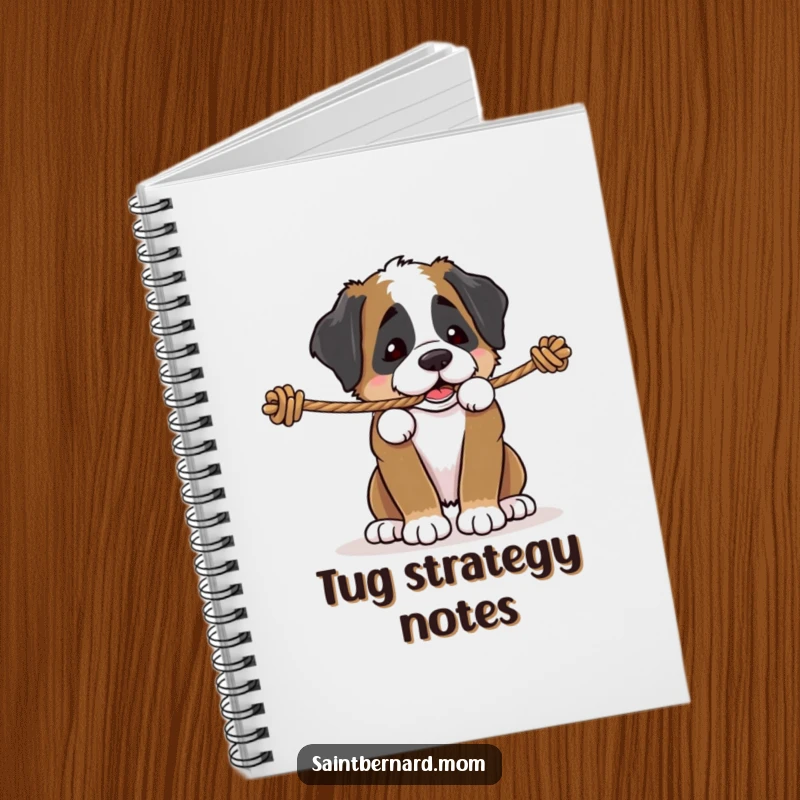 Funny Saint Bernard puppy notebook, a dog playfully tugging on a sturdy rope, perfect for jotting down ideas with playful determination.