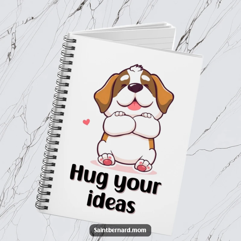 Funny Saint Bernard dog notebook offering a giant, loving hug gesture, perfect for jotting down affectionate thoughts.