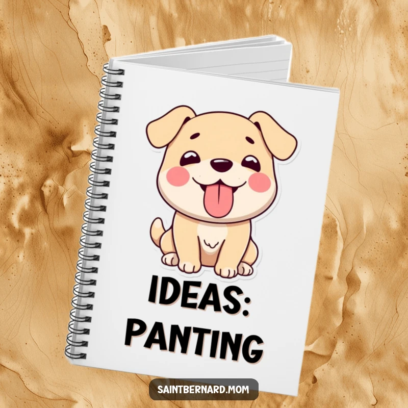 Funny notebook cover showing a large, gentle dog character joyfully panting with its tongue out, encouraging happy thoughts.