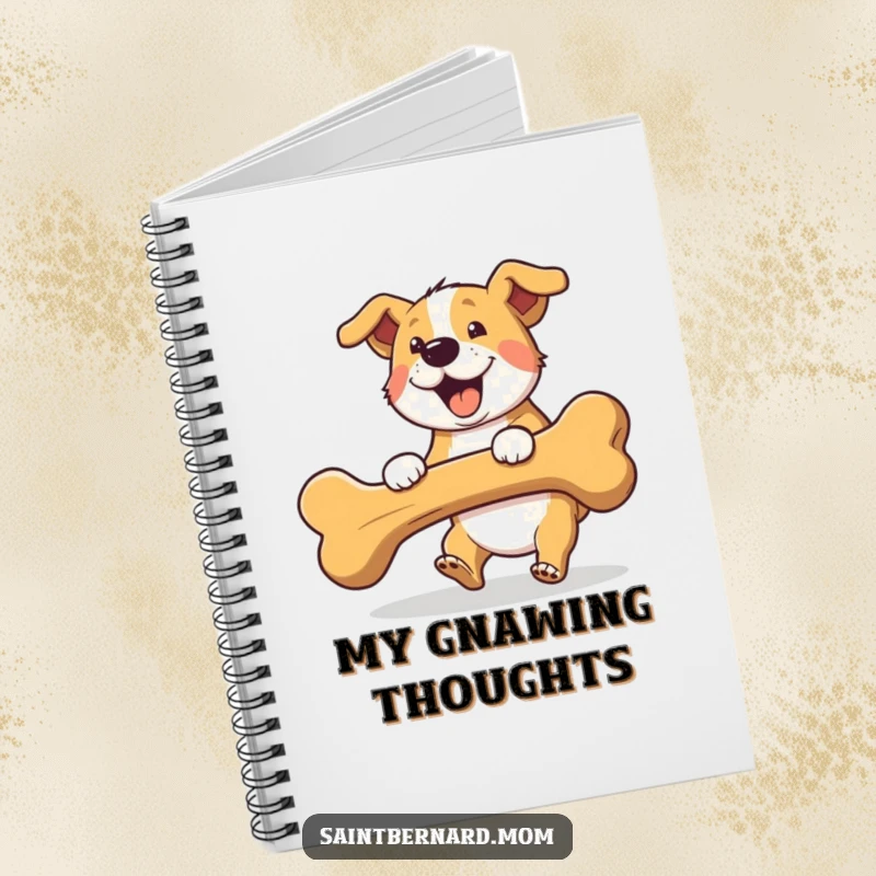 Funny fetching dog notebook, featuring a dog excitedly carrying a giant bone, perfect for writing.