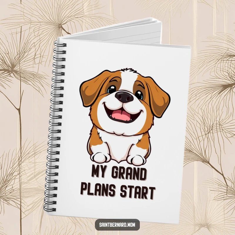 Funny Kawaii Saint Bernard dog notebook, cute pup barking a greeting, ideal for notes and creative writing.