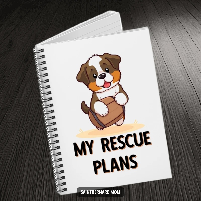 Funny Saint Bernard puppy notebook, a kawaii dog carrying a small barrel, ideal for jotting down notes or creative ideas with a humorous touch.