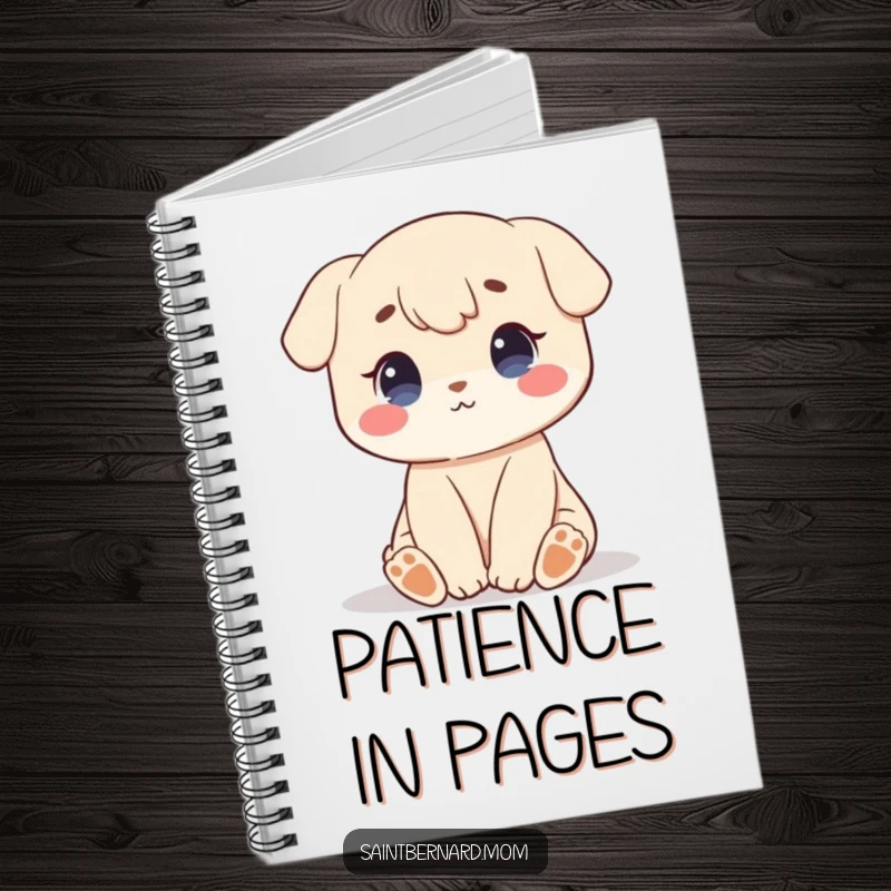 Funny notebook featuring a character sitting patiently with a sweet, calm demeanor, ideal for jotting down notes with serene charm.