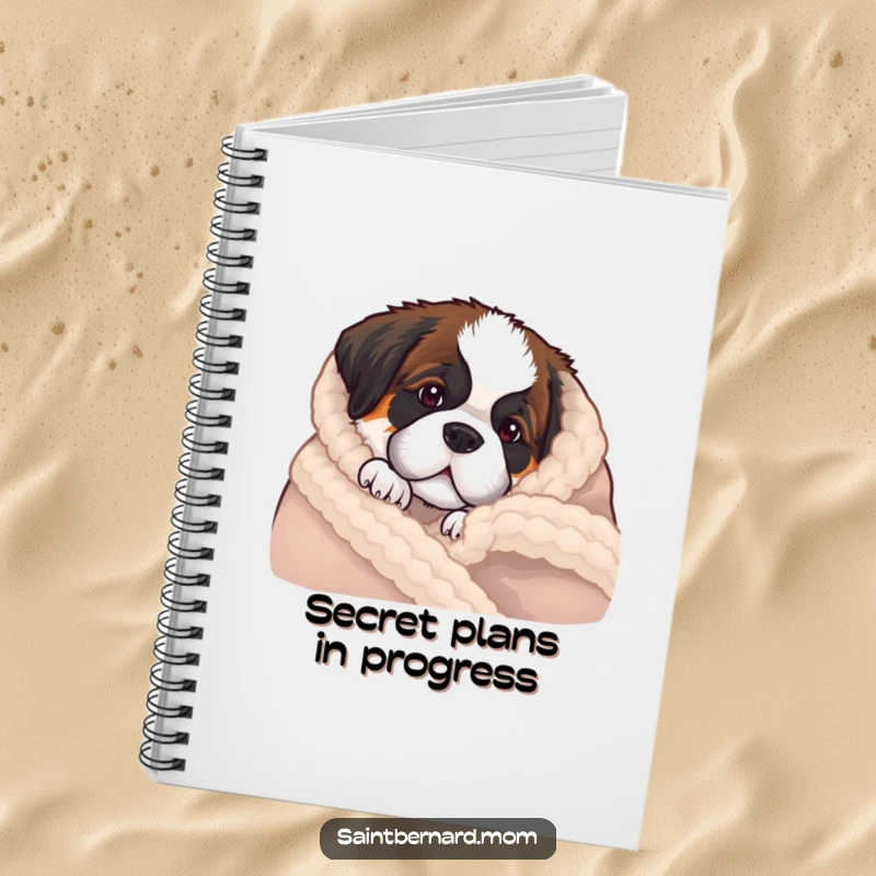 Funny Saint Bernard puppy notebook cover with a dog peeking from behind a soft blanket, ideal for journaling.