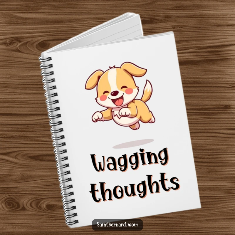 Funny notebook cover showing a dog character joyfully bounding with its tail held high and wagging, inspiring creativity and positive thoughts.