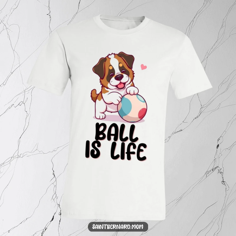 Funny Saint Bernard Lady T-Shirt depicting a dog playfully interacting with a rolling ball, embodying a spirit of fun and activity.