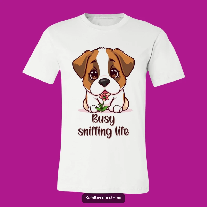 Funny Kawaii Saint Bernard T-Shirt: Curious Sniff, Flower Fascination Shirt