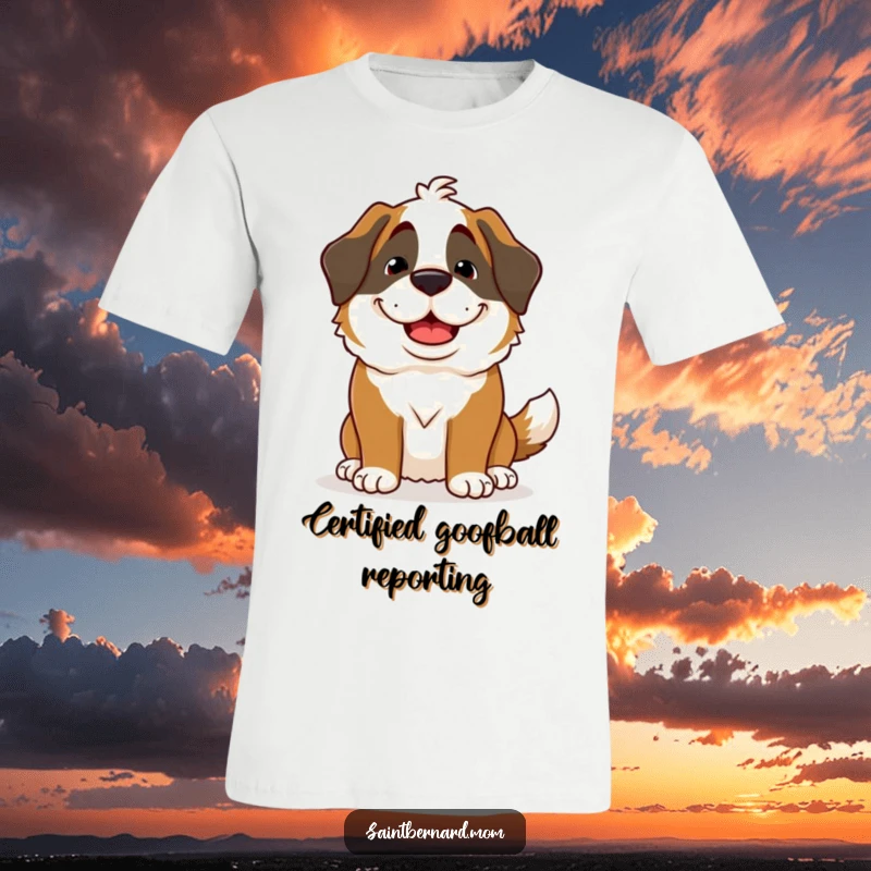 Funny Saint Bernard Lady T-Shirt depicting a dog with a big goofy grin and a fast-wagging tail, radiating happiness.