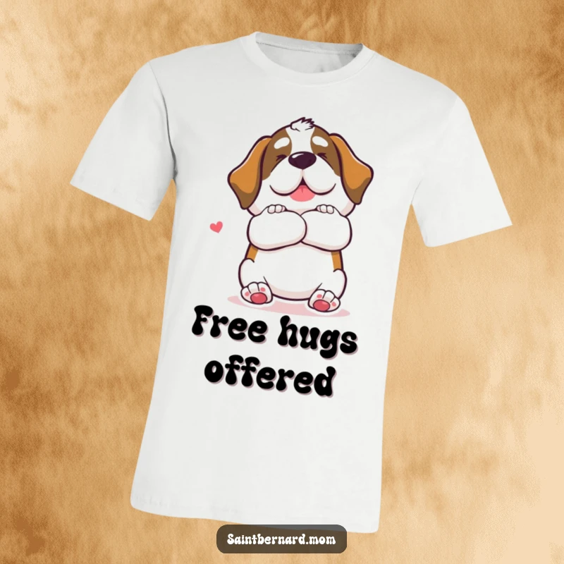 Funny Saint Bernard dog t-shirt depicting a giant, loving hug gesture, a humorous and affectionate choice.