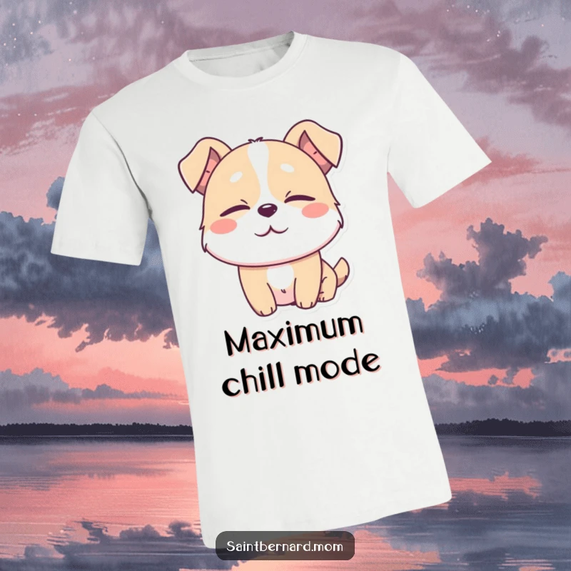 Funny t-shirt of a dog character with eyes half-closed in absolute contentment, exuding peace, relaxation, and a happy, serene demeanor.