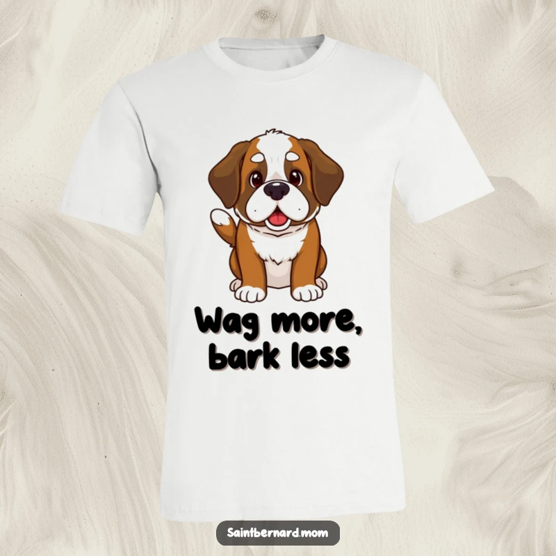 Funny Kawaii Saint Bernard t-shirt showing a cute dog invitingly wagging its thick tail, perfect for expressing joy and pet adoration.