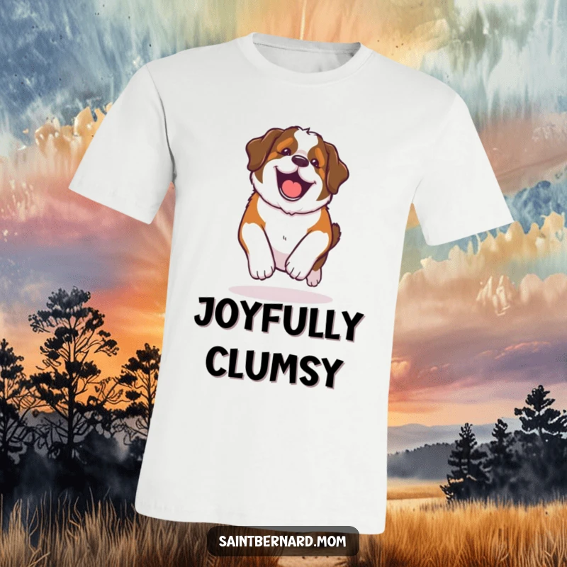Funny Kawaii Saint Bernard t-shirt, dog in a happy, lumbering roll, symbolizing pure glee and energetic fun.