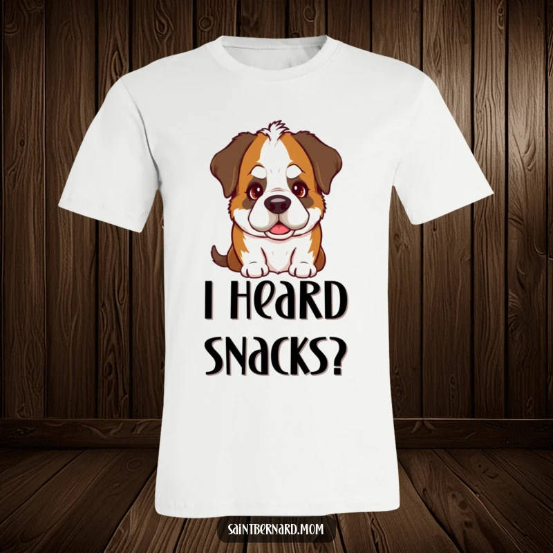 Funny Saint Bernard t-shirt showcasing a dog doing a charmingly goofy head tilt with a soft, warm gaze, radiating sweetness.