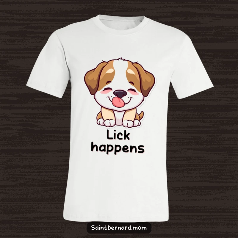Funny Saint Bernard dog character joyfully giving a comforting lick on a soft t-shirt.