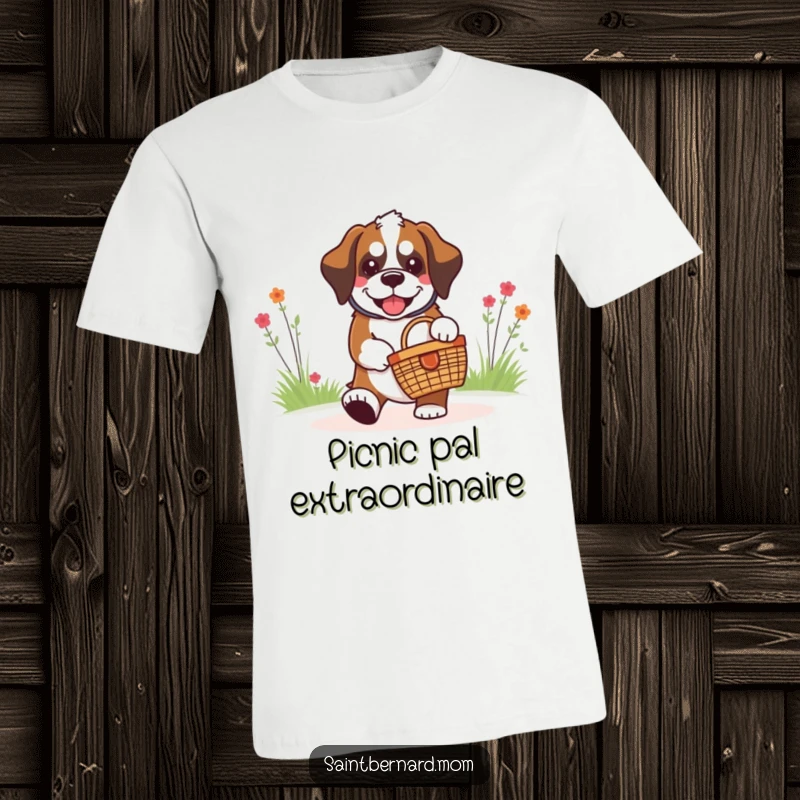 Funny kawaii Saint Bernard dog wearing a t-shirt, grinning widely while carrying a tiny picnic basket, ready for outdoor fun.