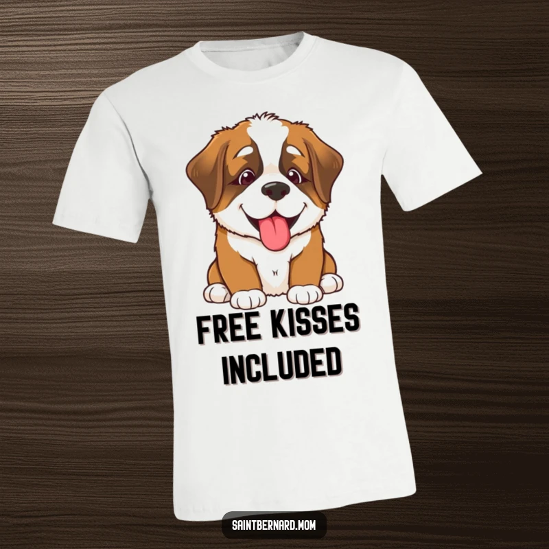 Funny Saint Bernard puppy t-shirt, a happy dog face offering a big, wet lick, radiating pure, unadulterated canine happiness, great gift.