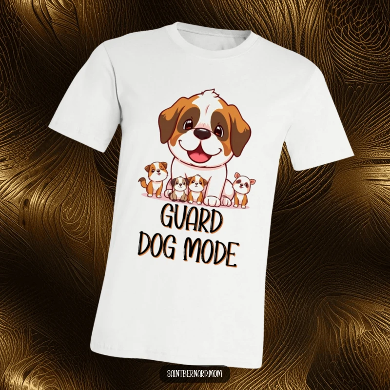 Funny Saint Bernard dog character protectively watching smaller animals on a comfortable t-shirt.