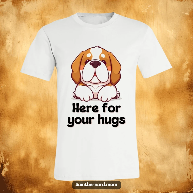 Funny Kawaii Saint Bernard dog t-shirt, cute pup nuzzling softly, conveying comfort and love, soft graphic.