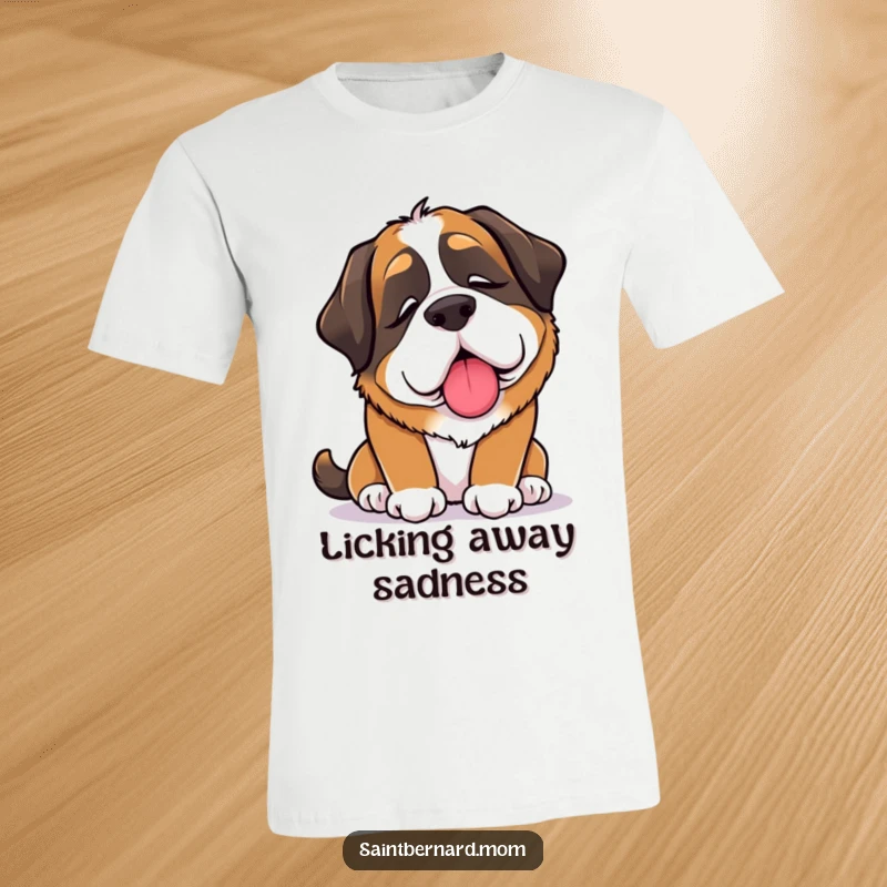 Funny Saint Bernard Lady T-Shirt depicting a dog giving a comforting lick, conveying a message of empathy and tender care.